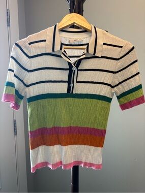 Mango Cream Ribbed Knit Top with Black Stripes